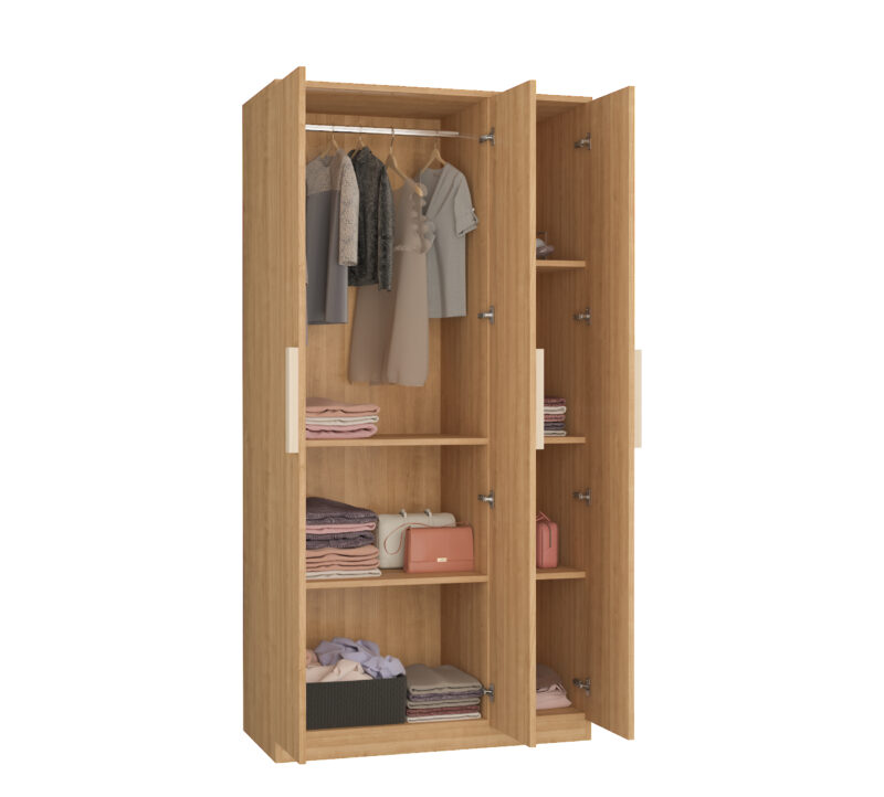 6 Furniva Wardura 3 Door Wooden Wardrobe with Hanging Rod and Extra Shelves in Lome Cherry Finish