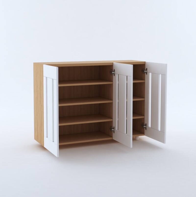 Furniva Minimal Three Door Shoe Rack Cabinet with Four Shelves and Ventilated Doors in White and Sonoma Oak