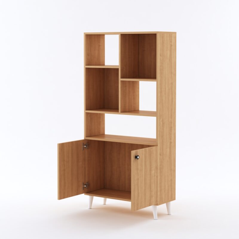 Furniva Aura Display Unit Bookshelf in Cherry Finish with Open Shelves and Two Door Cabinet