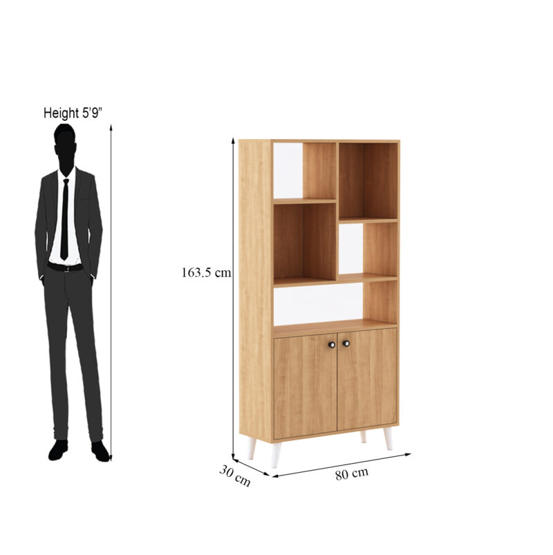 Furniva Aura Display Unit Bookshelf in Cherry Finish with Open Shelves and Two Door Cabinet
